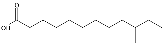 Structural formula of 10-Methyldodecanoic acid
